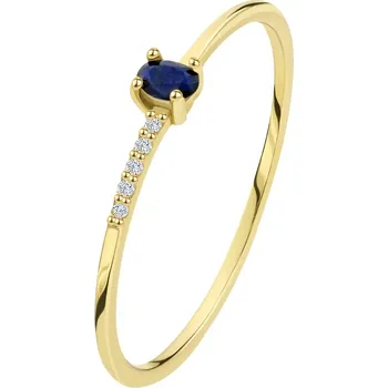 Prsten Prsten ze žlutého 14karátového zlata - pět briliantů, oválný modrý safír - Velikost: 58
