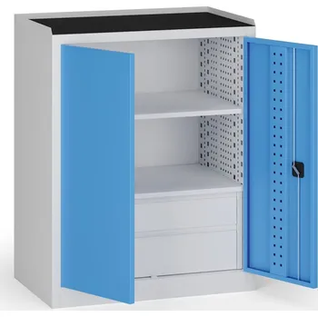 B2B Partner Dílenská skříň nízká na nářadí KOVOS, 2 police,2 zásuvky, 950 x 600 x 1180 mm, modrá