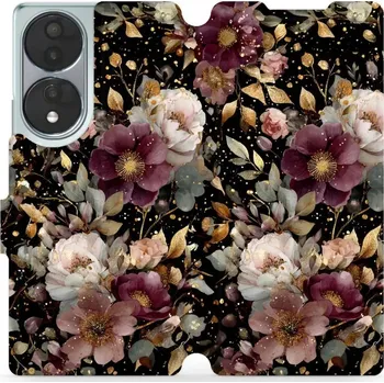 Pouzdro na mobilní telefon Flipové pouzdro Mobiwear - Honor 70 - V169S Zlatavé kvítky (Knížkové flip pouzdro, obal, kryt na mobil Honor 70 - V169S Zlatavé kvítky, materiál Umělá kůže + TPU - ochrana 360°, stojánek, silikonová vanička, magnetické zavírání)