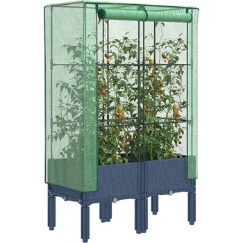 Vyvýšený záhon vidaXL Vyvýšený záhon se skleníkem ratanový vzhled 80 x 40 x 140 cm [4015819] Barva: Modro-šedá