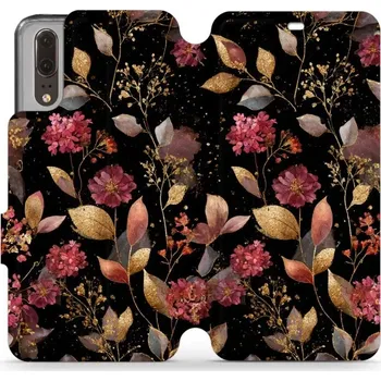 Pouzdro na mobilní telefon Flipové pouzdro Mobiwear - Huawei P20 - V171S Zlatavé lístky a květy (Knížkové flip pouzdro, obal, kryt na mobil Huawei P20 - V171S Zlatavé lístky a květy, materiál Umělá kůže + TPU - ochrana 360°, stojánek, silikonová vanička, magnetické zavírání)