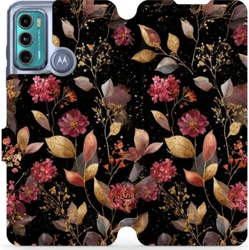 Pouzdro na mobilní telefon Flipové pouzdro Mobiwear - Motorola Moto G60 - V171S Zlatavé lístky a květy (Knížkové flip pouzdro, obal, kryt na mobil Motorola Moto G60 - V171S Zlatavé lístky a květy, materiál Umělá kůže + TPU - ochrana 360°, stojánek, silikonová vanička, magnetické)
