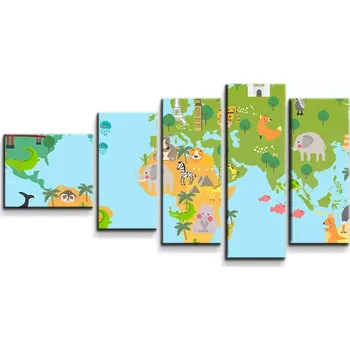 Obraz Sablio Obraz - 5-dílný Zvířecí mapa světa - 100x60 cm