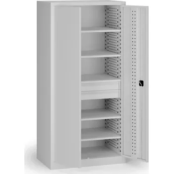 B2B Partner Policová dílenská skříň na nářadí KOVOS, perforovaný panel, 5 polic, 2 zásuvky, 950 x 600 x 1950 mm, šedá
