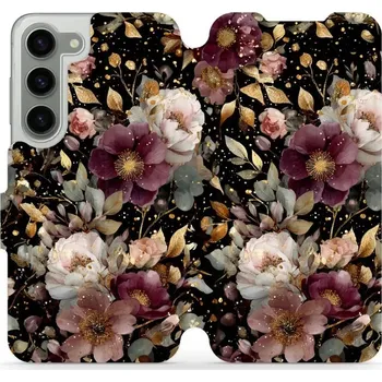 Pouzdro na mobilní telefon Flipové pouzdro Mobiwear - Samsung Galaxy S23 - V169S Zlatavé kvítky (Knížkové flip pouzdro, obal, kryt na mobil Samsung Galaxy S23 - V169S Zlatavé kvítky, materiál Umělá kůže + TPU - ochrana 360°, stojánek, silikonová vanička, magnetické zavírání)