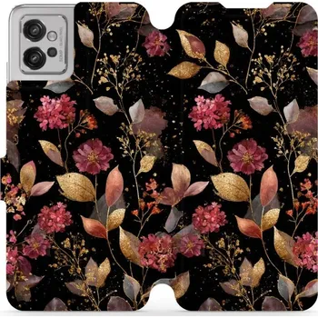 Pouzdro na mobilní telefon Flipové pouzdro Mobiwear - Motorola Moto G32 - V171S Zlatavé lístky a květy (Knížkové flip pouzdro, obal, kryt na mobil Motorola Moto G32 - V171S Zlatavé lístky a květy, materiál Umělá kůže + TPU - ochrana 360°, stojánek, silikonová vanička, magnetické)