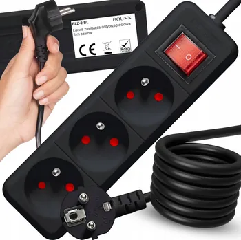 Napájecí kabel Prodlužovací Kabel přepěťová ochrana BOUNN 3 m 3 ks zásuvek, černá