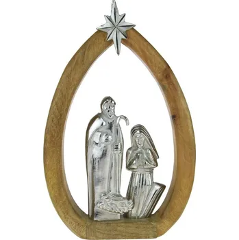 Vánoční dekorace Stříbrný kovový betlém v dřevěném oblouku s hvězdou 43 cm (Betlém ze dřeva a kovu)