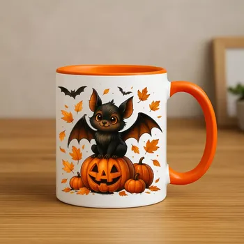 Halloween hrnek – Roztomilý netopýr na dýni (Halloween hrnek – Netopýr s dýní a podzimními listy)