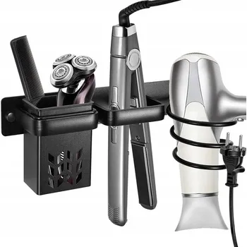 Fén Nástěnný držák na fén, žehličku na vlasy S POLIČKOU ČERNÝ