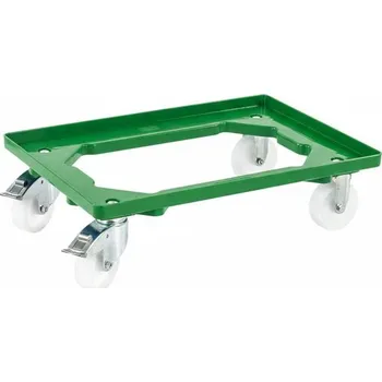 Plošinový vozík Podvozek pod EURO přepravky 600 x 400 mm, otevřený, 4 otočná (2 s brzdou) kola z plastu, barva zelená
