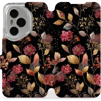 Pouzdro na mobilní telefon Flipové pouzdro Mobiwear - Honor 400 Pro - V171S Zlatavé lístky a květy (Knížkové flip pouzdro, obal, kryt na mobil Honor 400 Pro - V171S Zlatavé lístky a květy, materiál Umělá kůže + TPU - ochrana 360°, stojánek, silikonová vanička, magnetické zavírání)