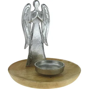 Svícen Kovový svícen s andělem na dřevěné misce 22 cm (Svícen ze dřeva a kovu )