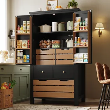 Komoda Kuchyňské skříňky 80x40x140 cm, vysoká komoda, 2 dveře a 5 zásuvek, černá barva