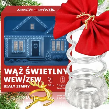 Vánoční dekorace VÝKONNÝ SVĚTELNÝ HAD 240 LED VENKOVNÍ ZÁVĚS 10m IP44 BÍLÁ STUDENÁ +