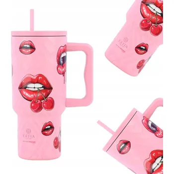 Růžový velký TERMOHRNEK SE SLÁMKOU z oceli 900ml termoska na kávu, čaj