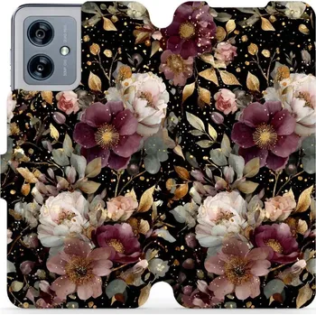 Pouzdro na mobilní telefon Flipové pouzdro Mobiwear - Motorola Moto G54 5G - V169S Zlatavé kvítky (Knížkové flip pouzdro, obal, kryt na mobil Motorola Moto G54 5G - V169S Zlatavé kvítky, materiál Umělá kůže + TPU - ochrana 360°, stojánek, silikonová vanička, magnetické zavírání)