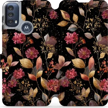 Pouzdro na mobilní telefon Flipové pouzdro Mobiwear - Motorola Moto E40 - V171S Zlatavé lístky a květy (Knížkové flip pouzdro, obal, kryt na mobil Motorola Moto E40 - V171S Zlatavé lístky a květy, materiál Umělá kůže + TPU - ochrana 360°, stojánek, silikonová vanička, magnetické)
