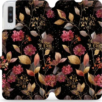 Pouzdro na mobilní telefon Flipové pouzdro Mobiwear - Samsung Galaxy A70 - V171S Zlatavé lístky a květy (Knížkové flip pouzdro, obal, kryt na mobil Samsung Galaxy A70 - V171S Zlatavé lístky a květy, materiál Umělá kůže + TPU - ochrana 360°, stojánek, silikonová vanička, magnetické)