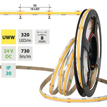 LED páska MCLED LED pásek COB UWW, 320LED/m, 8W/m, DC 24V, 730lm/m, CRI90, IP20, modul 50mm, 8mm, 5m