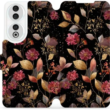 Pouzdro na mobilní telefon Flipové pouzdro Mobiwear - Honor 90 5G - V171S Zlatavé lístky a květy (Knížkové flip pouzdro, obal, kryt na mobil Honor 90 5G - V171S Zlatavé lístky a květy, materiál Umělá kůže + TPU - ochrana 360°, stojánek, silikonová vanička, magnetické zavírání)