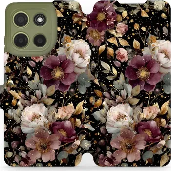 Pouzdro na mobilní telefon Flipové pouzdro Mobiwear - Motorola Moto G15 - V169S Zlatavé kvítky (Knížkové flip pouzdro, obal, kryt na mobil Motorola Moto G15 - V169S Zlatavé kvítky, materiál Umělá kůže + TPU - ochrana 360°, stojánek, silikonová vanička, magnetické zavírání)