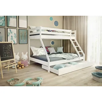 Dětská postel Dětská patrová postel z masivu s rozšířeným spodním lůžkem DENIS - 200x90/140 cm - bílá, se šuplíkem