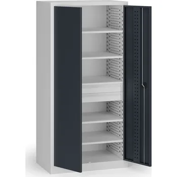 B2B Partner Policová dílenská skříň na nářadí KOVOS, perforovaný panel, 5 polic, 2 zásuvky, 950 x 600 x 1950 mm, grafit