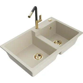 Granitový dřez MEXEN/S - Tomas granitový dřez 2-bowl včetně baterie Flora, béžová 6516-69-670401-57-G