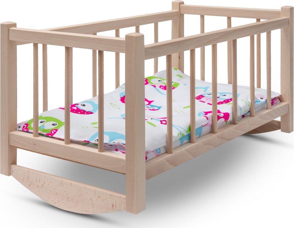 Dřevěná postýlka-kolébka pro panenky s povlečením Baby Mix owl