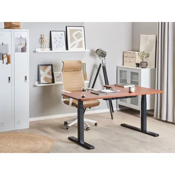 Nastavitelný levý rohový stůl, deska z tmavého dřeva, 160 x 110 cm, černý ocelový elektrický rám, výškové nastavení Beliani