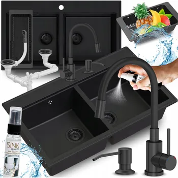 Granitový dřez GRANITOVÝ DVOJITÝ DŘEZ ČERNÝ VELKÝ HLUBOKÝ s KUCHYŇSKOU BATERIÍ