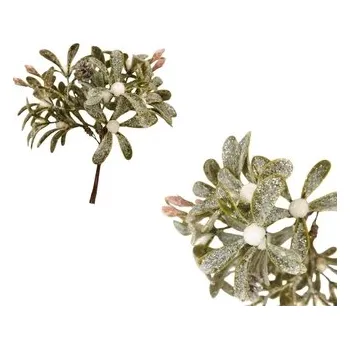 Vánoční dekorace Zelená větvička s bílými bobulemi a sněhovým popraškem 18 cm