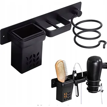 Fén Nástěnný držák na fén, žehličku na vlasy S POLIČKOU ČERNÝ