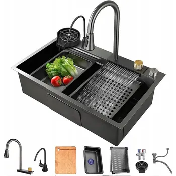 Nerezový dřez Jednokomorový kuchyňský dřez s vodopádem, multifunkční + baterie
