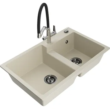 Granitový dřez MEXEN/S - Tomas granitový dřez 2-bowly včetně baterie Duo, béžová 6516-69-671701-07-B