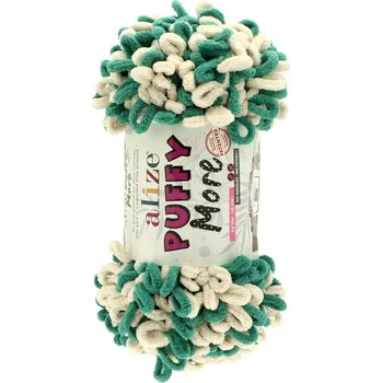 Příze Alize Puffy Sea 6542 krémová se zelenou barvou