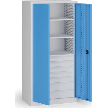 B2B Partner Dílenská zásuvková skříň na nářadí KOVOS, 3 police, 7 zásuvek, perforovaná, 950 x 600 x 1950 mm, modrá