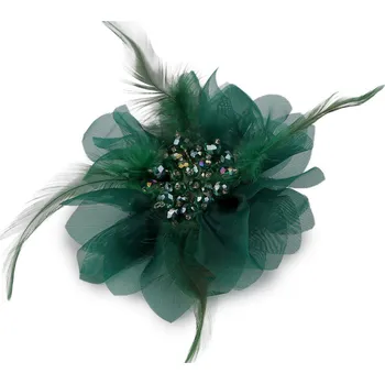 Šperk Brož se skleněnými broušenými korálky a peřím, barva 3 zelená tmavá