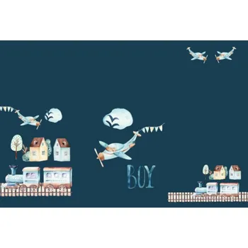 Panel na fusak z nepromokavého polyesteru 150x105 vláčky trains tmavě modrý