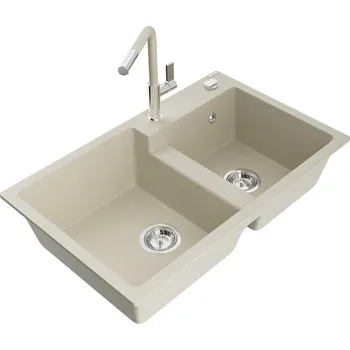 Granitový dřez MEXEN/S - Tomas granitový dřez 2-bowl včetně baterie Flora, béžová 6516-69-670401-09