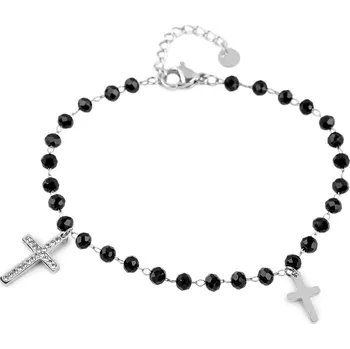 Náramek Náramek z nerezové oceli křížek s broušenými korálky, střední, 1 černá stříbrná