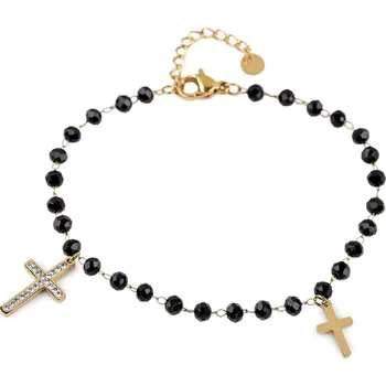 Náramek Náramek z nerezové oceli křížek s broušenými korálky, střední, 2 černá zlatá
