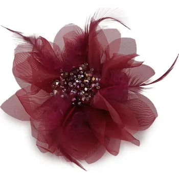 Brož Brož se skleněnými broušenými korálky a peřím, barva 5 bordó