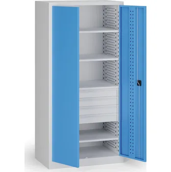 B2B Partner Policová dílenská skříň na nářadí KOVOS, 4 police, 4 zásuvky, perforovaná, 950 x 600 x 1950 mm, modrá