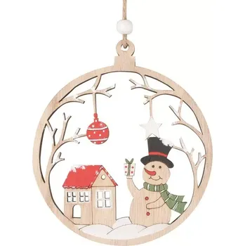 Vánoční dekorace Dřevěný kruh se sněhulákem na zavěšení 11 x 12,5 x 0,5 cm, červený