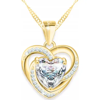 Náhrdelník Zlatý Náhrdelník s Bílým Křišťálovým Srdcem 585 Dvě Srdíčka STŘÍBRO 925