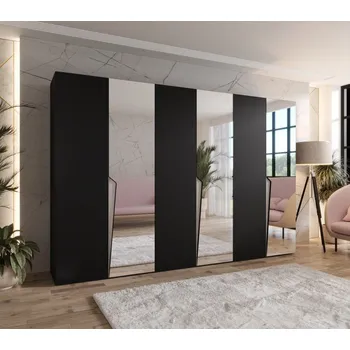 Šatní skříň Velká zrcadlová šatní skříň 300 cm SORAYA 2 - černá / kašmírové úchyty