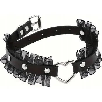 Náhrdelník Černý kožený choker s krajkou a srdíčkem
