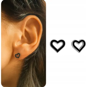 Náušnice STŘÍBRNÉ NÁUŠNICE 925 SRDCE ČERNÉ MINIMALISTICKÉ SRDÍČKA NA PUZETU